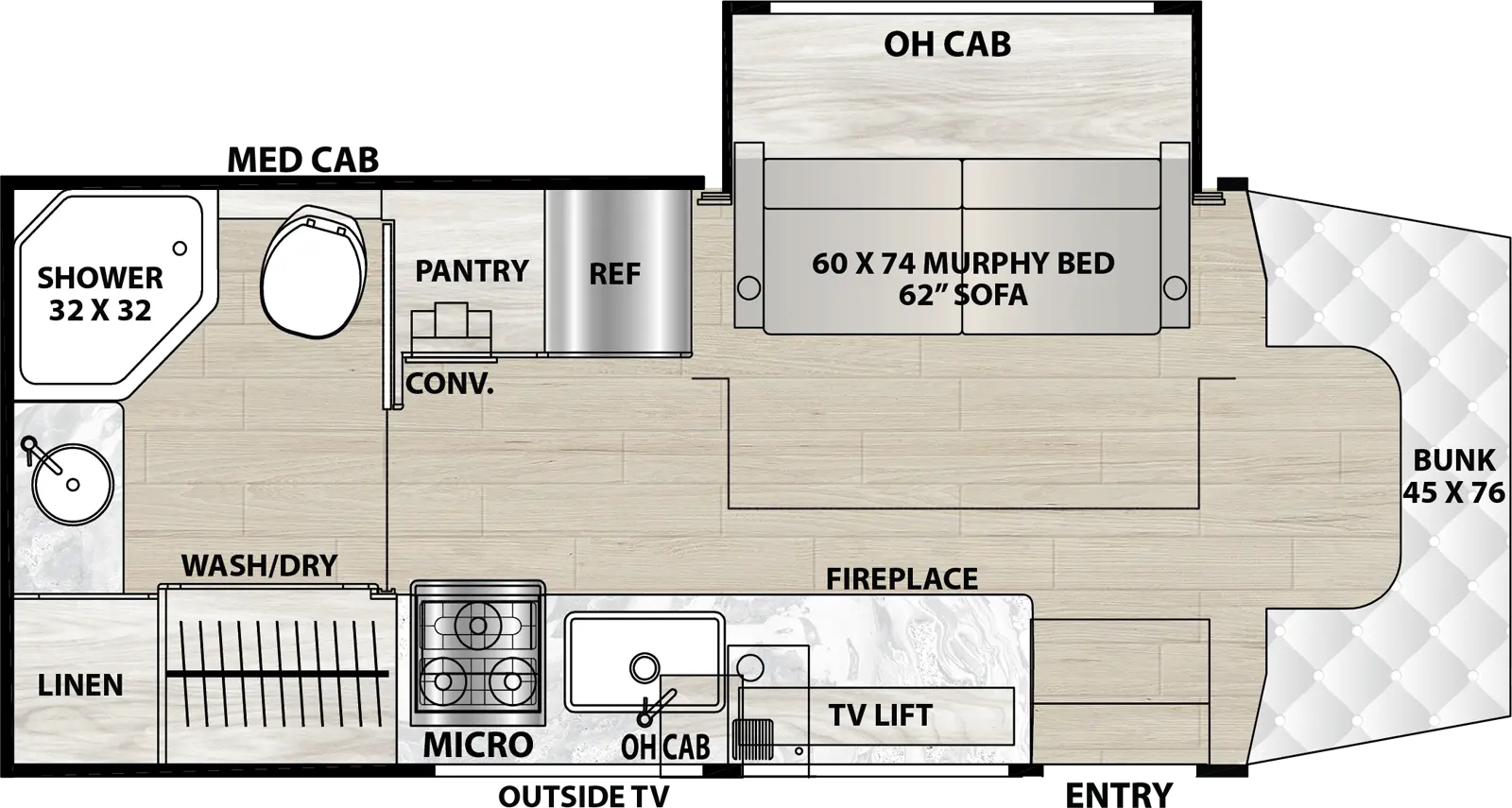 The 24MBE has one slideout and one entry. Exterior features an outside TV. Interior layout front to back: Front cab with cab-over bunk, off-door side slideout with overhead cabinet and murphy bed sofa; door side entry, fireplace with TV lift, sink, overhead cabinet, microwave and cooktop; off-door side refrigerator and pantry; bathroom with off door side shower, toilet and medicine cabinet, rear sink, and door side linen closet, and closet with washer/dryer.
